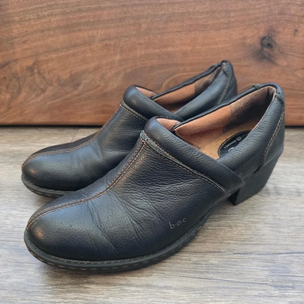 B.O.C. Born Black Pebbled Leather Slip-on Loafers Block Heel Size 8 CCAF12